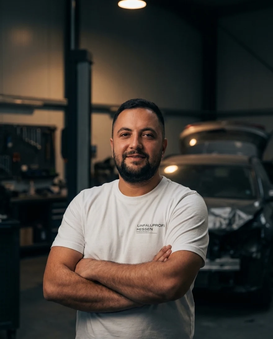 Osman Kirac, Kfz-Sachverständiger bei Unfallprofi Hessen, in der Werkstatt vor einem unfallbeschädigten Fahrzeug